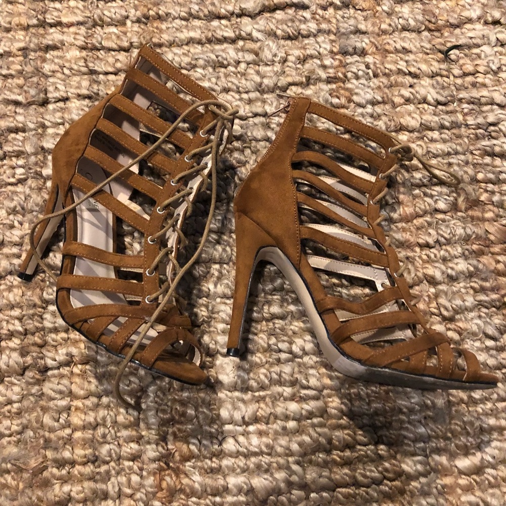 Brown faux suede lace up heels
